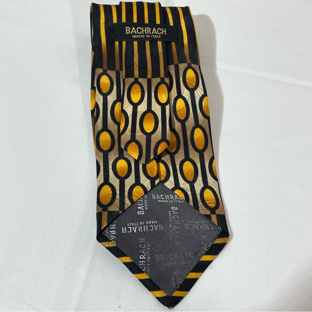 Bachrach Silk Italian Necktie Bold Graphics Black Golden Orange Wide - Picture 4 of 6